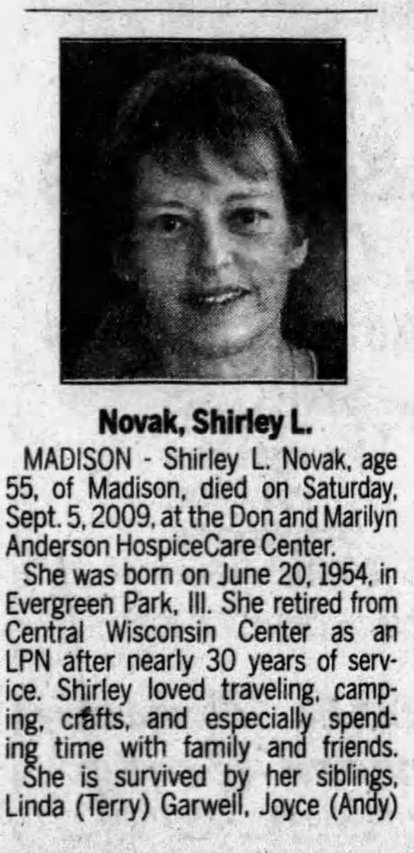 Obituary for Shirley L Novak, 1954-2009 (Aged 55)
